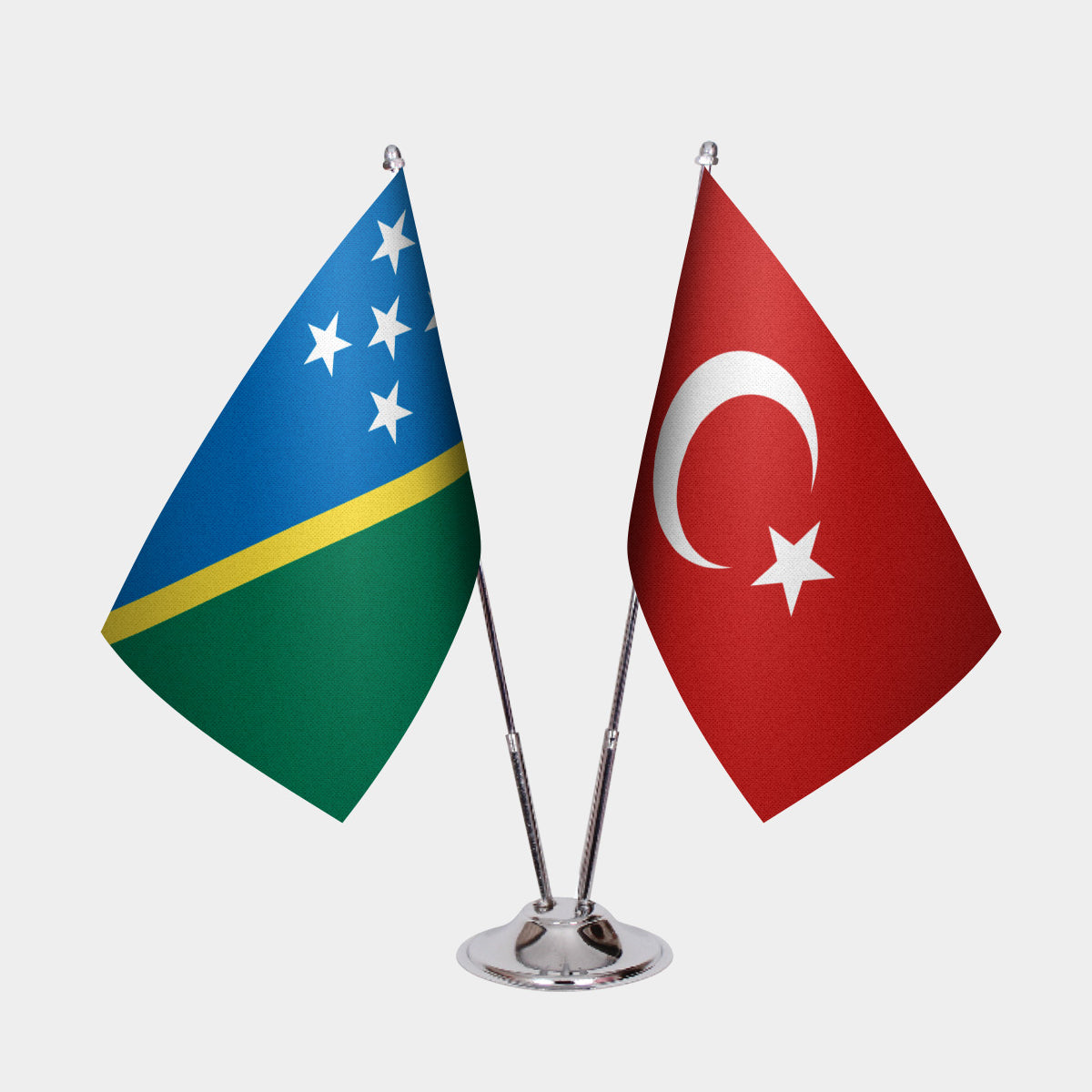 Solomon Islands and Turkey desk flag set with chrome pole and base