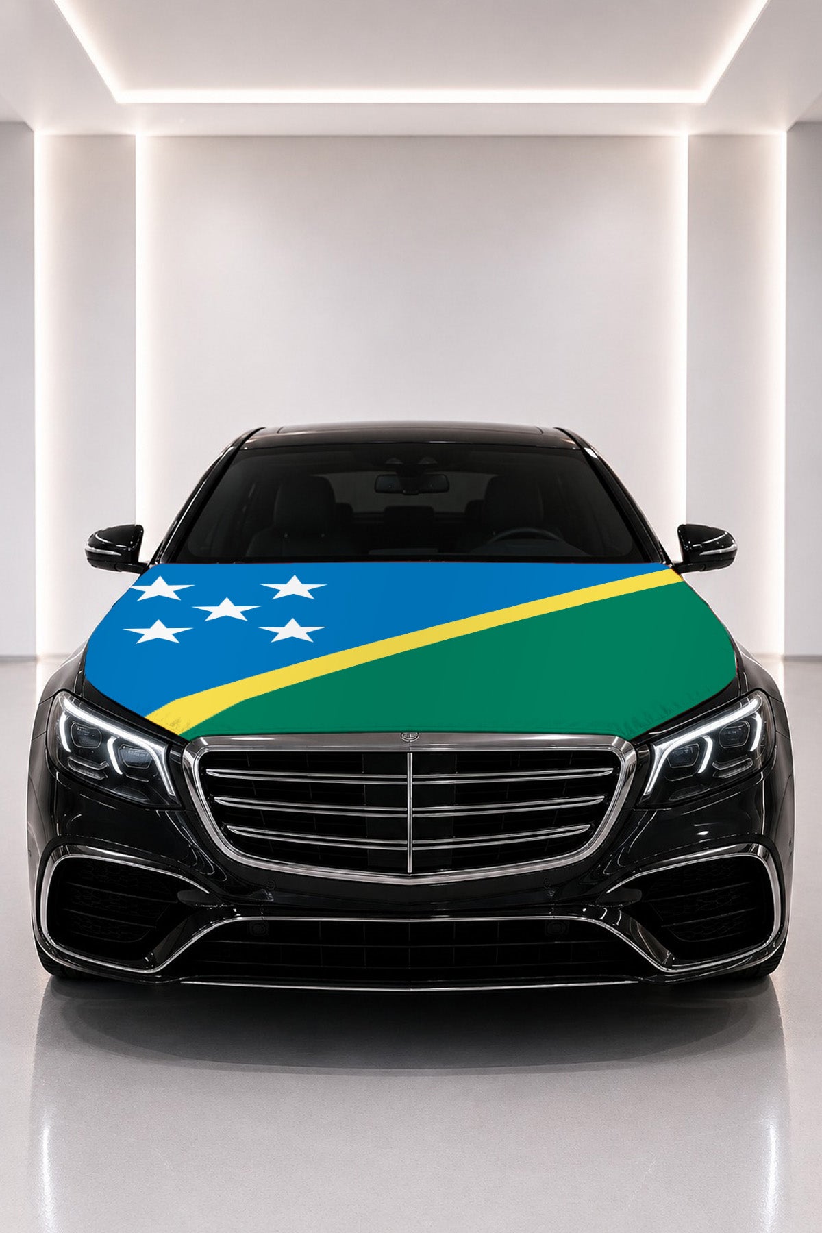 Solomon Islands flag car hood cover fitted on a black car bonnet