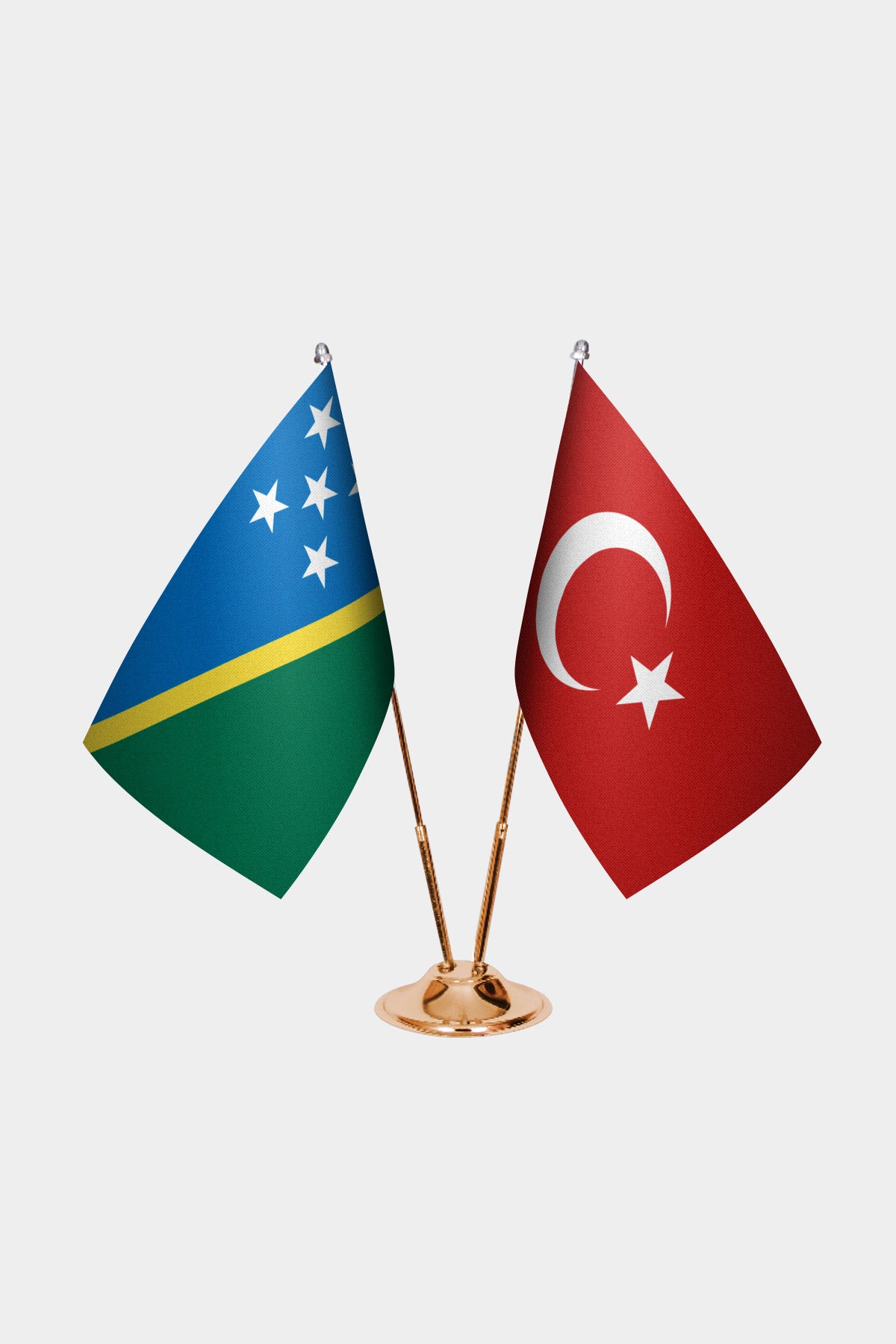 Solomon Islands and Turkey desk flag set with gold pole and base