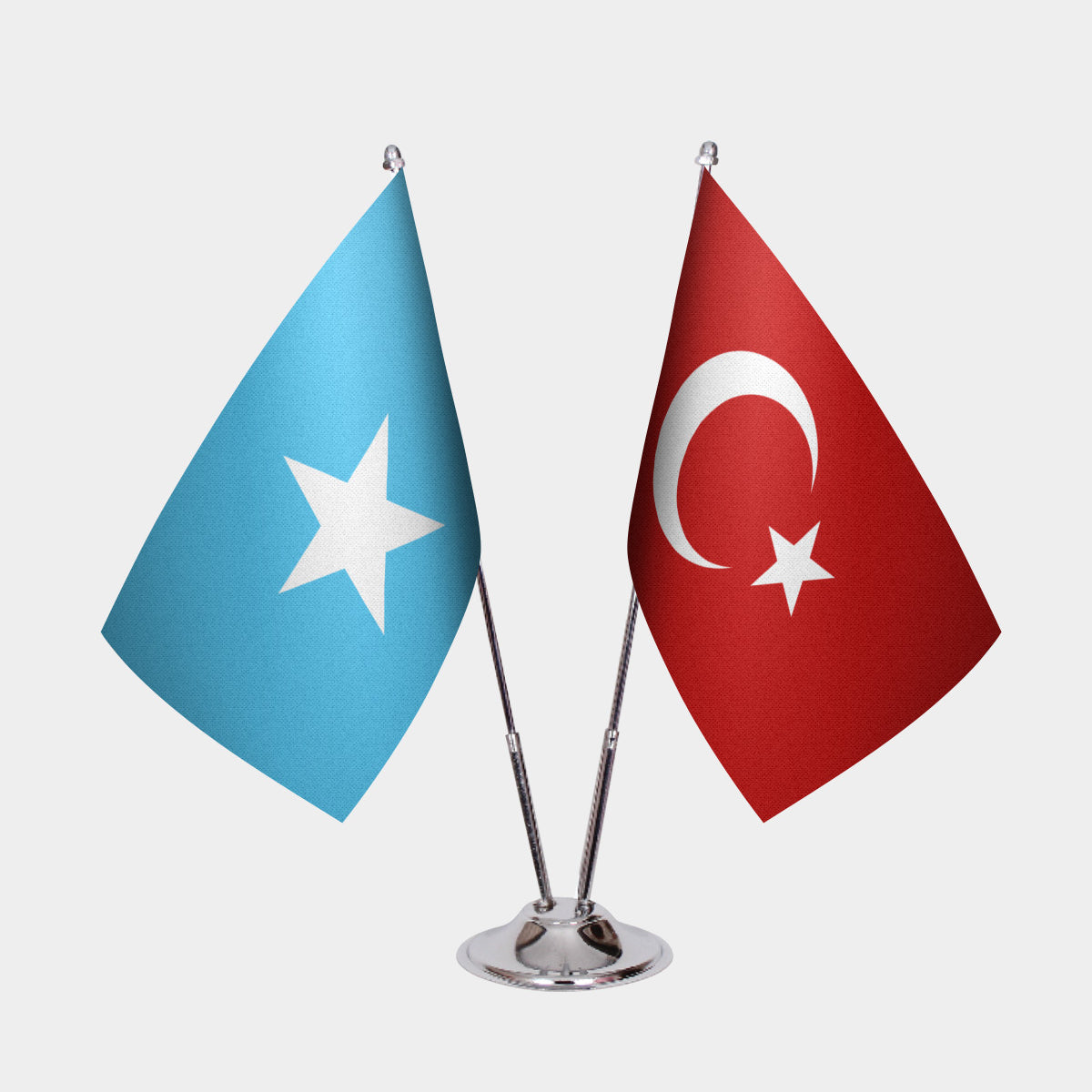 Somalia and Turkey desk flag set with chrome pole and base