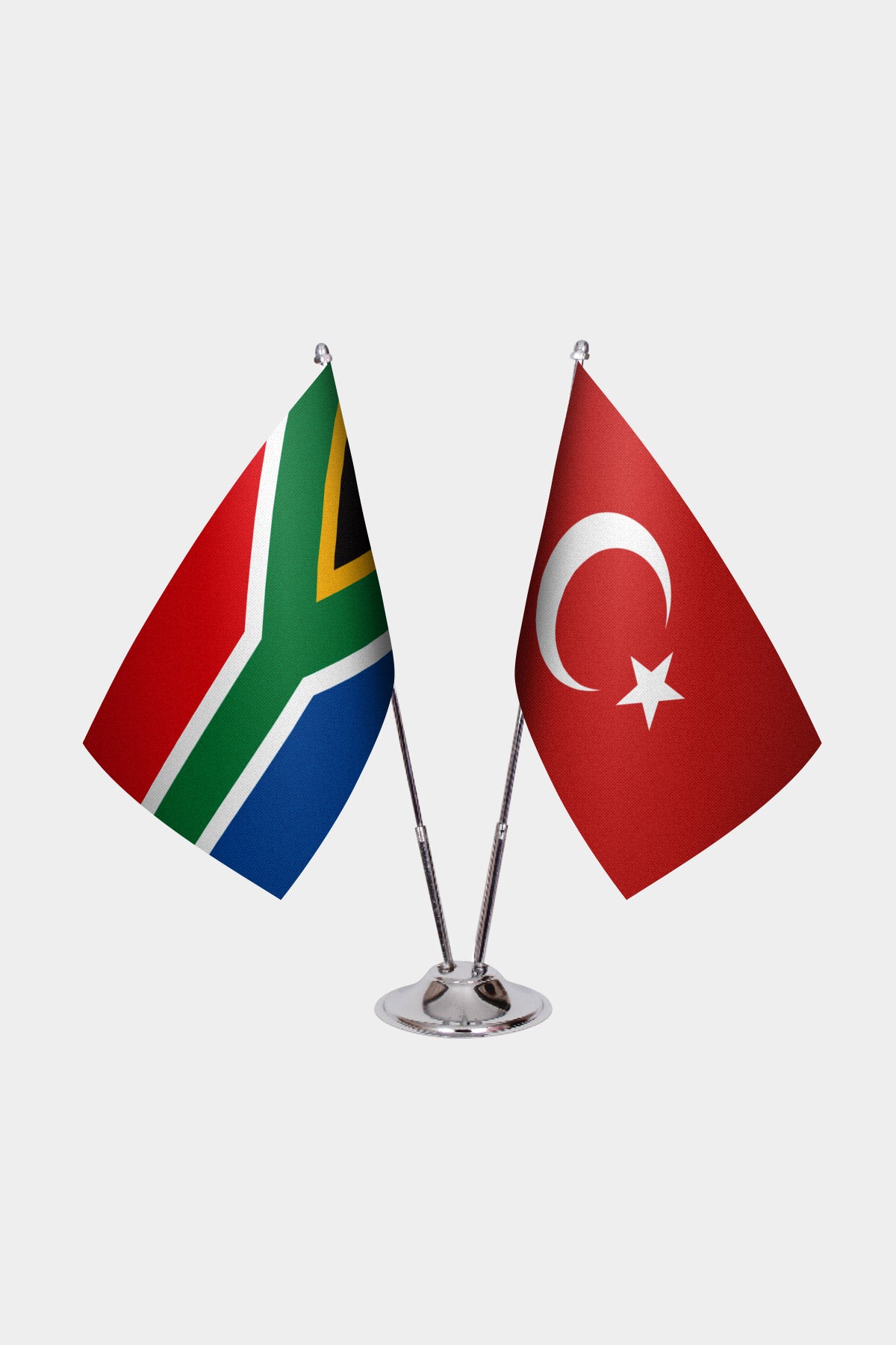 South Africa and Turkey desk flag set with chrome pole and base
