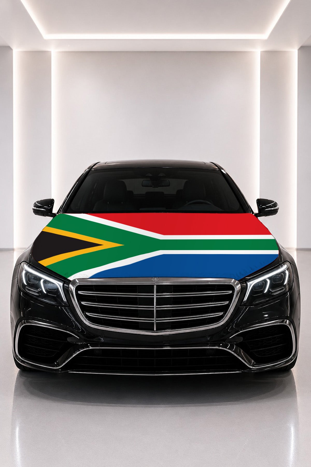 South Africa flag car hood cover fitted on a black car bonnet