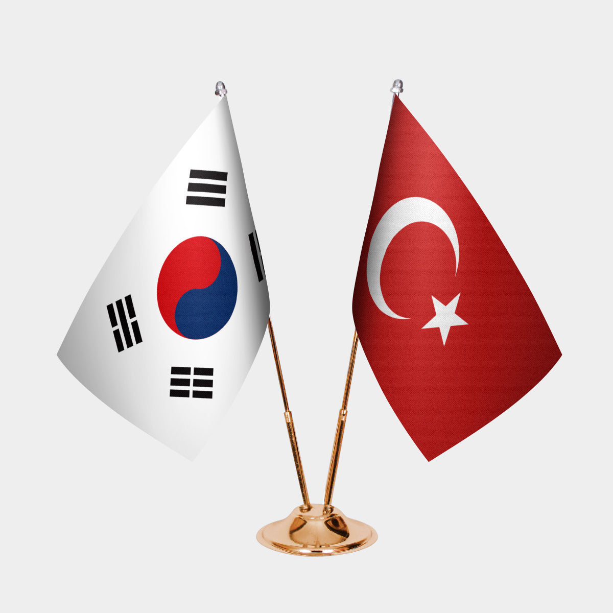 South Korea and Turkey desk flag set with gold pole and base