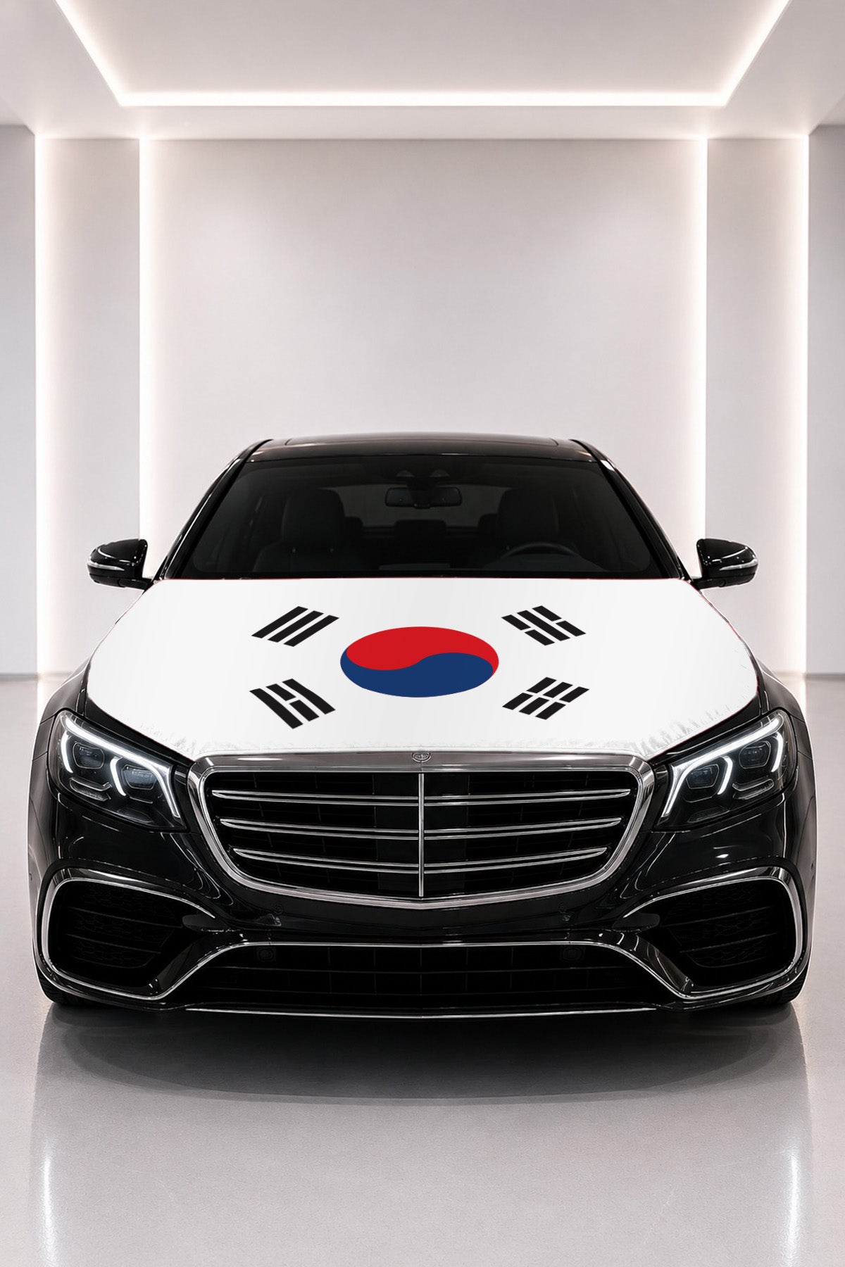 South Korea flag car hood cover fitted on a black car bonnet