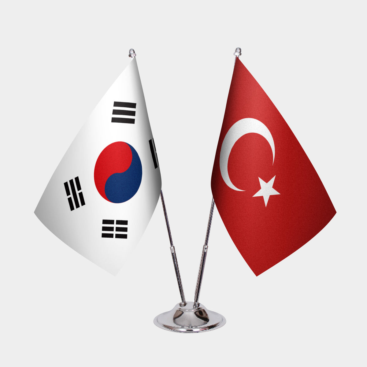 South Korea and Turkey desk flag set with chrome pole and base
