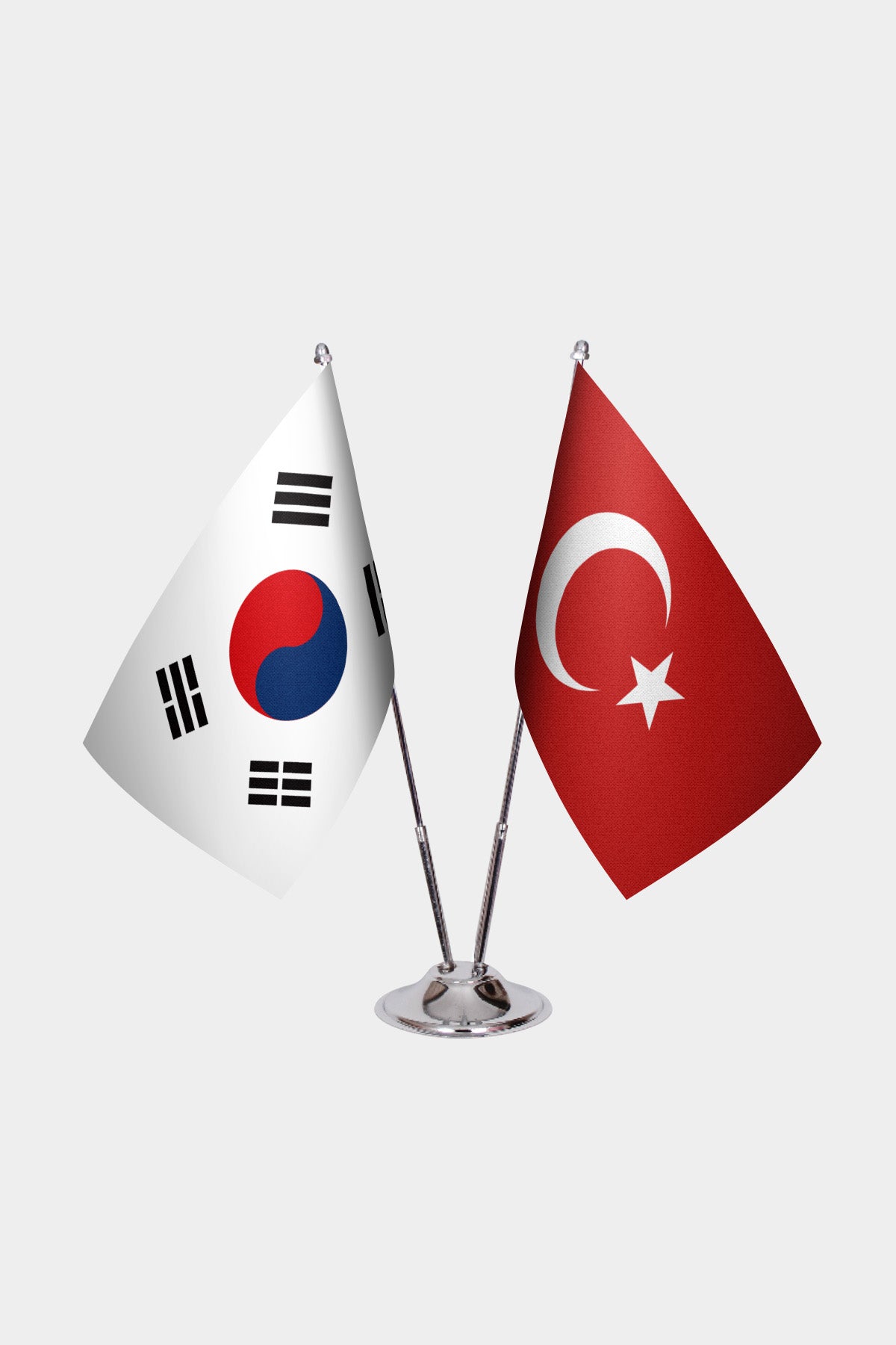 South Korea and Turkey desk flag set with chrome pole and base