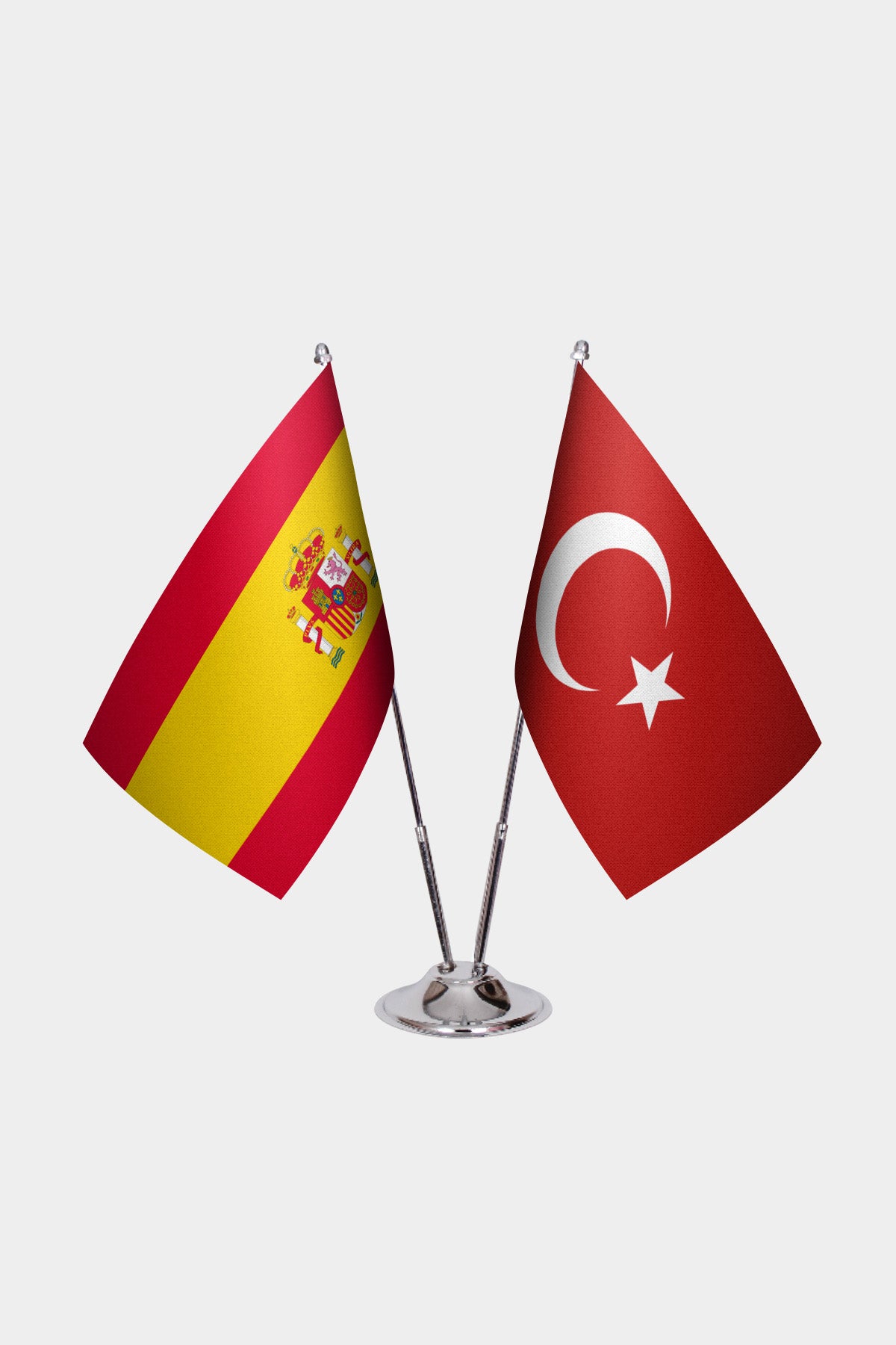 Spain and Turkey desk flag set with chrome pole and base