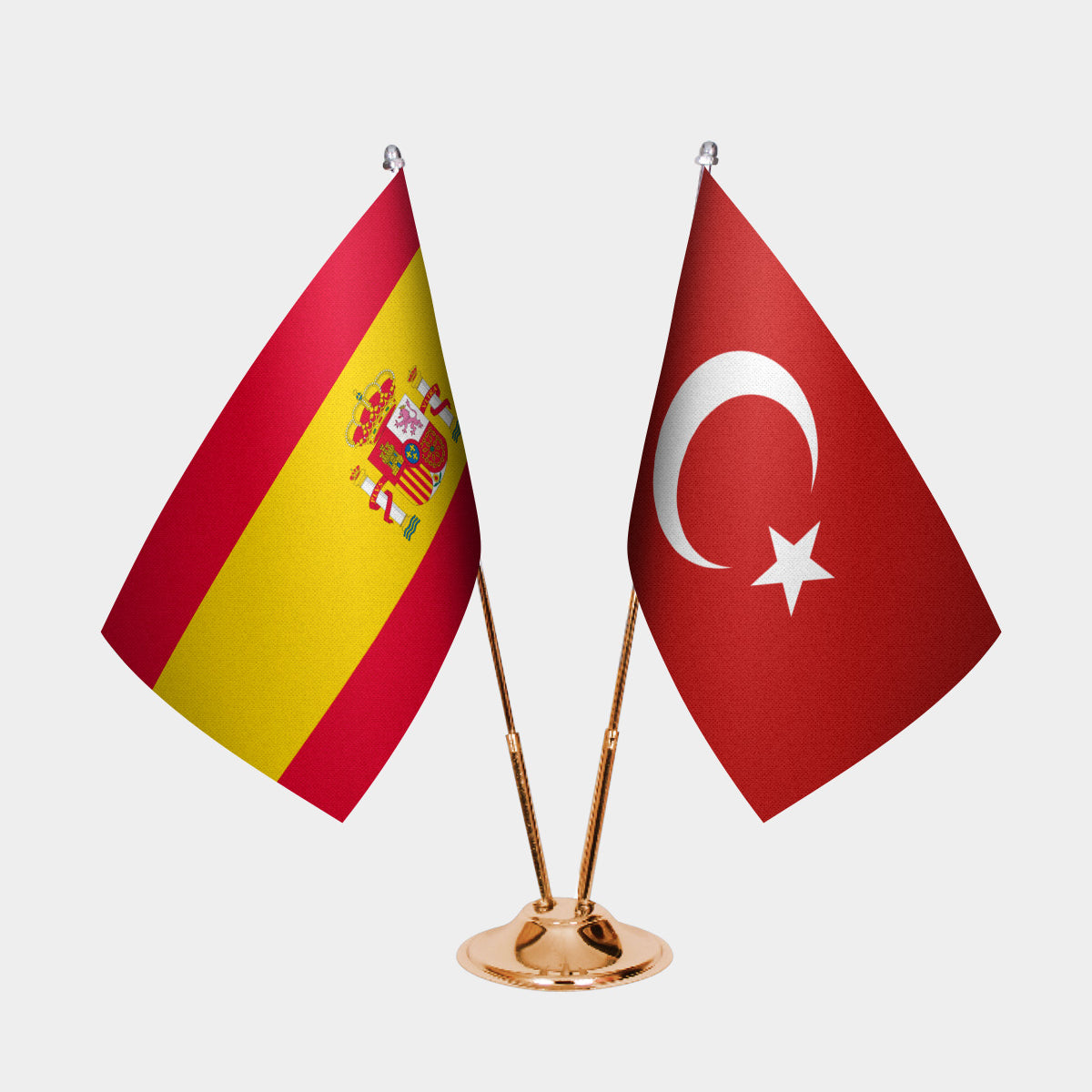 Spain and Turkey desk flag set with gold pole and base