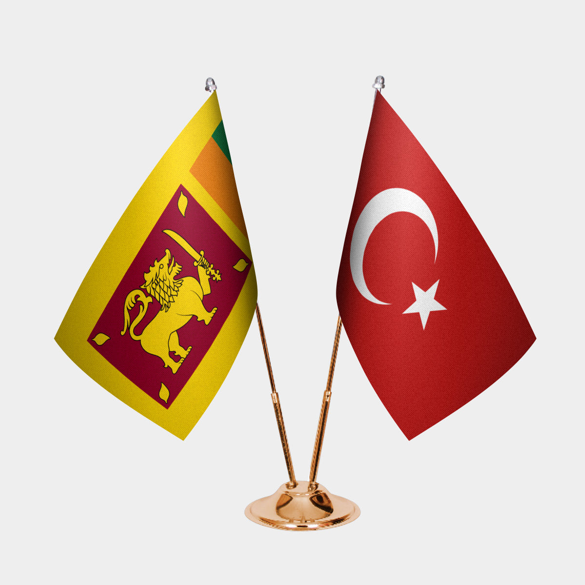 Sri Lanka and Turkey desk flag set with gold pole and base