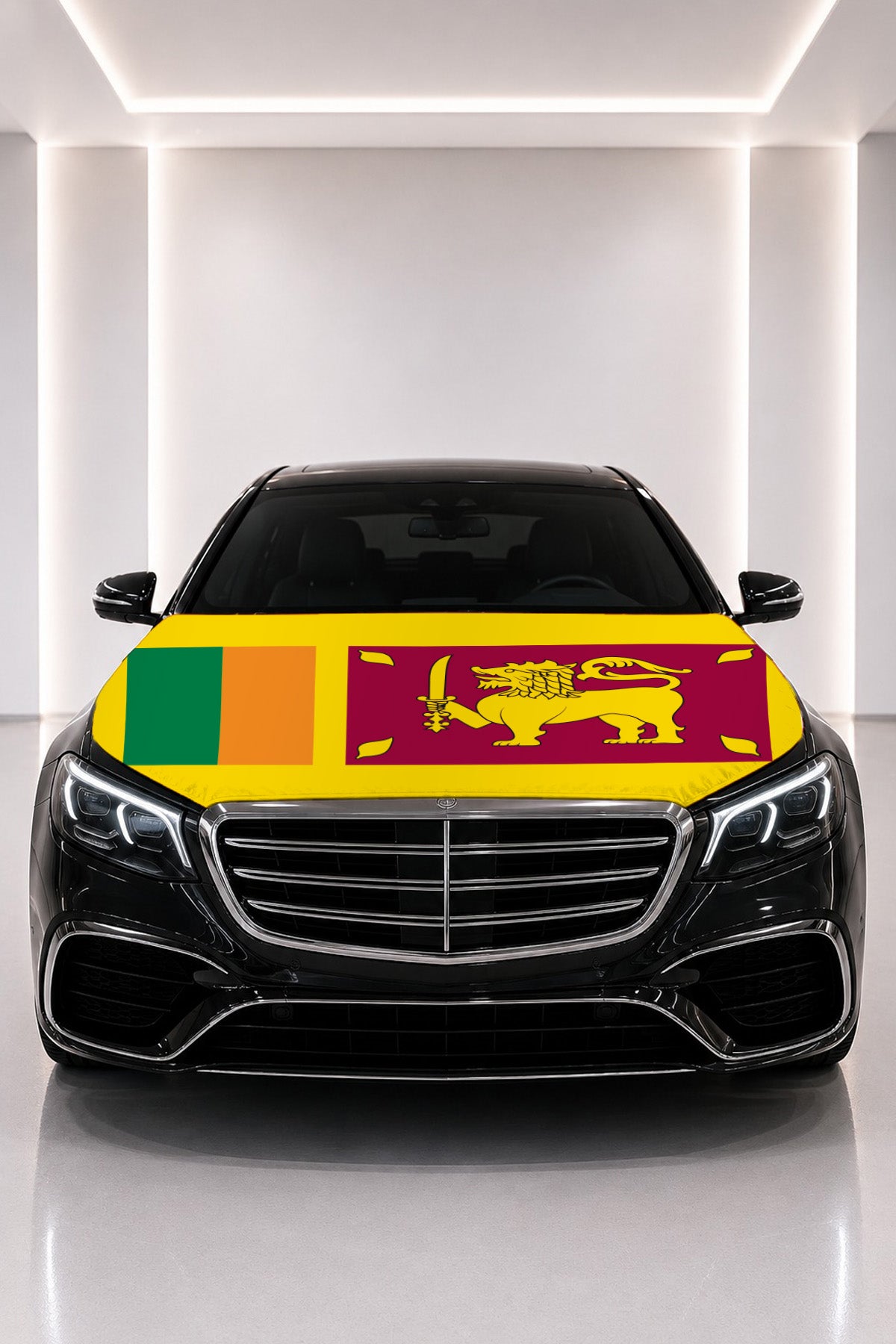 Sri Lanka flag car hood cover fitted on a black car bonnet