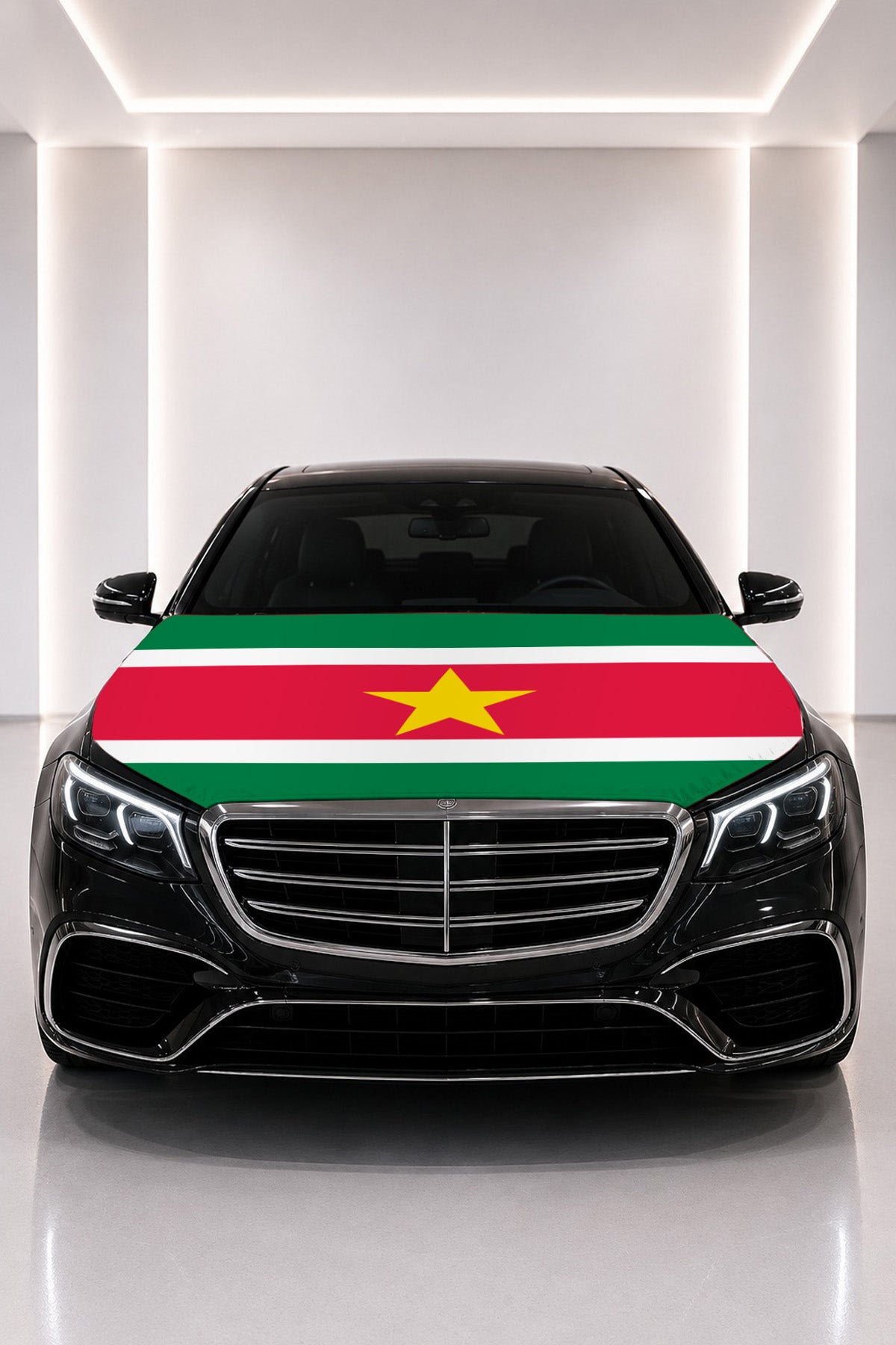 Suriname flag car hood cover fitted on a black car bonnet