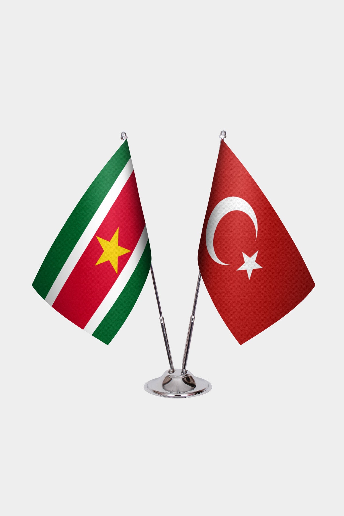 Suriname and Turkey desk flag set with chrome pole and base