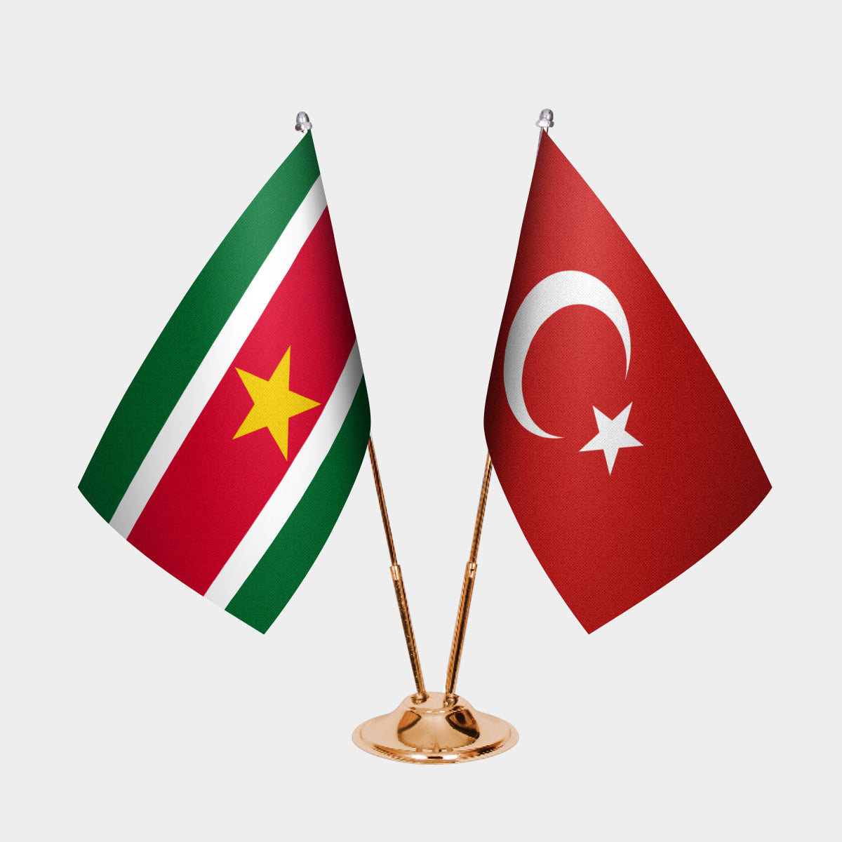 Suriname and Turkey desk flag set with gold pole and base