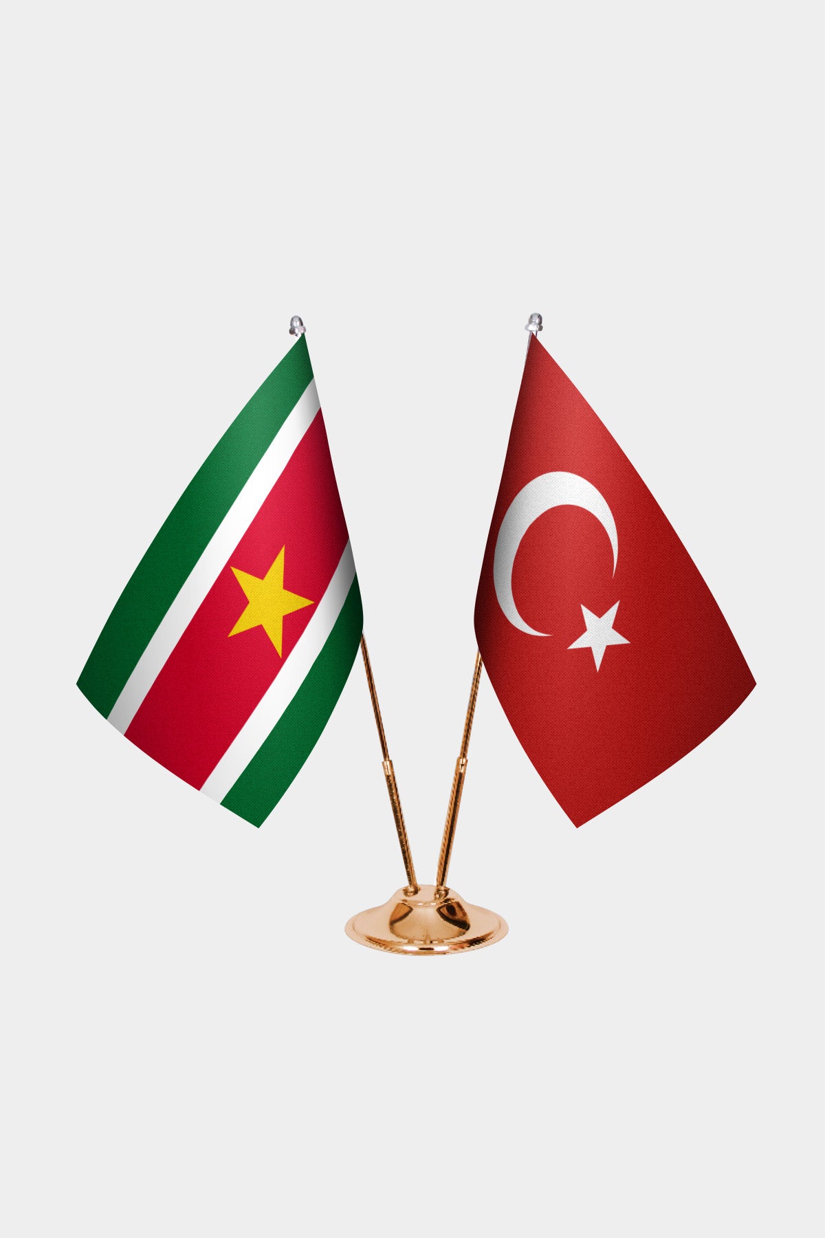 Suriname and Turkey desk flag set with gold pole and base