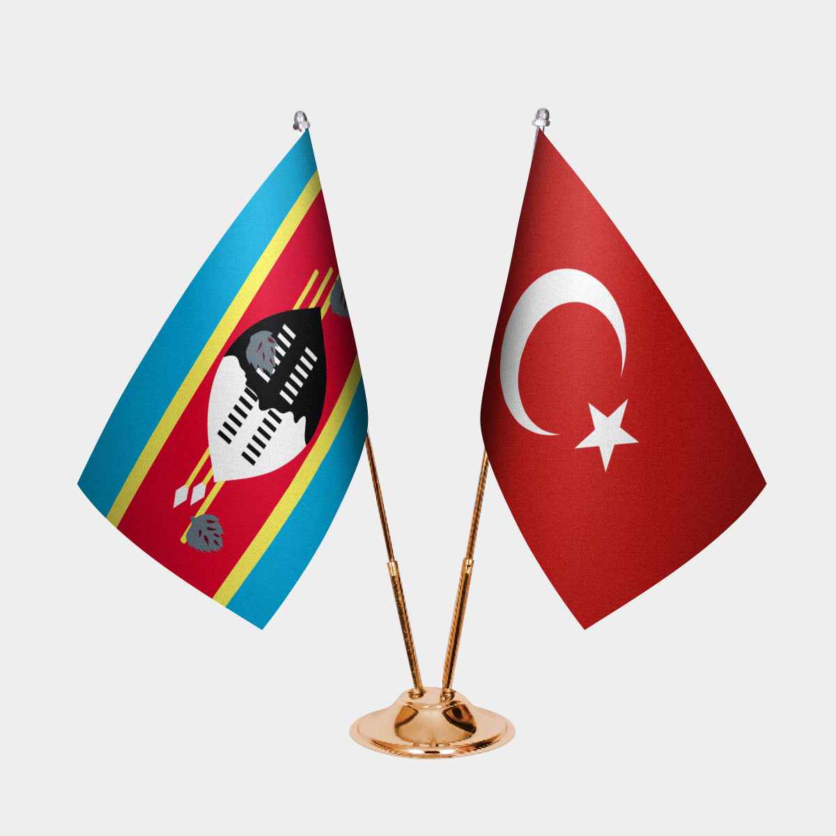 Eswatini and Turkey desk flag set with gold pole and base