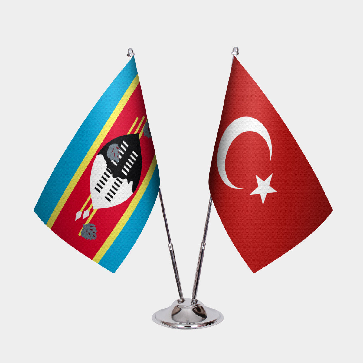 Eswatini and Turkey desk flag set with chrome pole and base