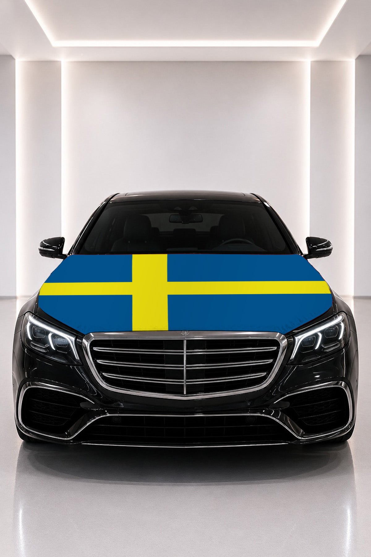 Sweden flag car hood cover fitted on a black car bonnet