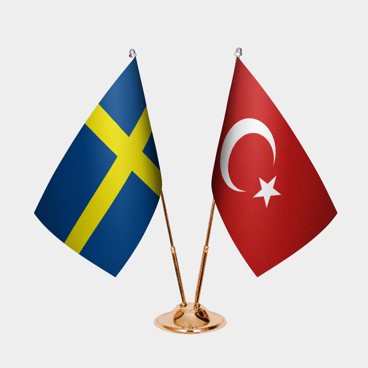 Sweden and Turkey desk flag set with gold pole and base