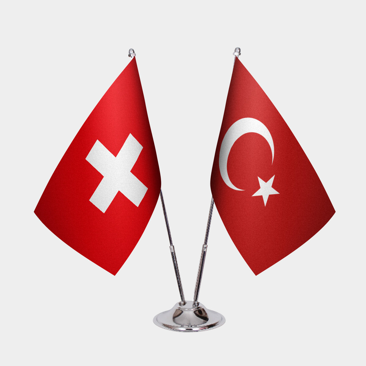 Switzerland and Turkey desk flag set with chrome pole and base