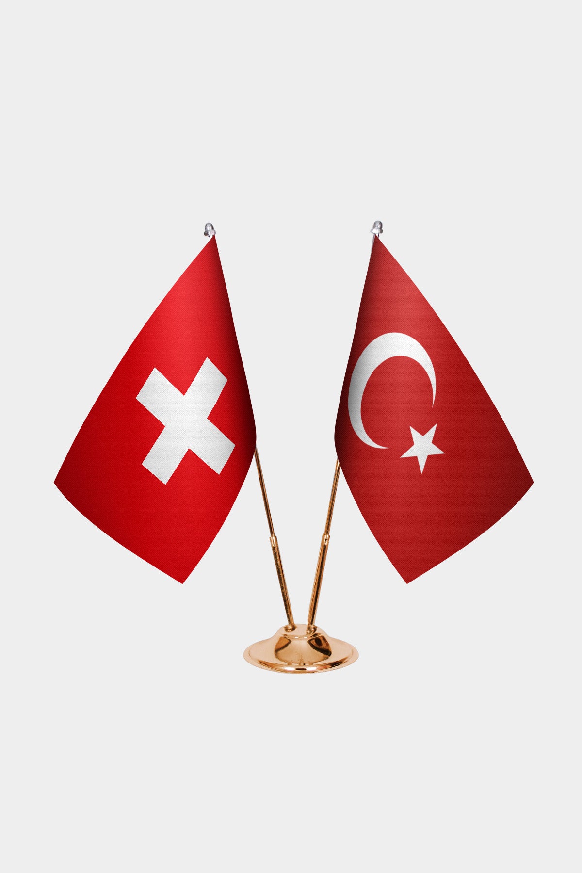 Switzerland and Turkey desk flag set with gold pole and base