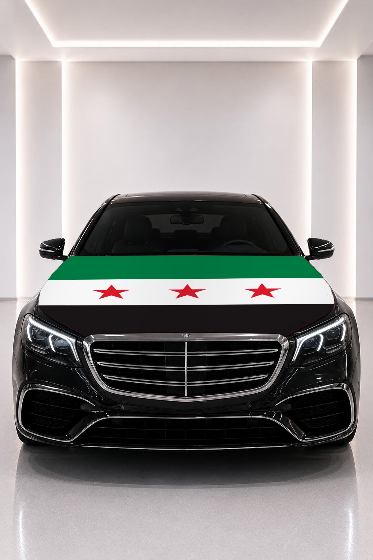 Syria flag car hood cover fitted on a black car bonnet