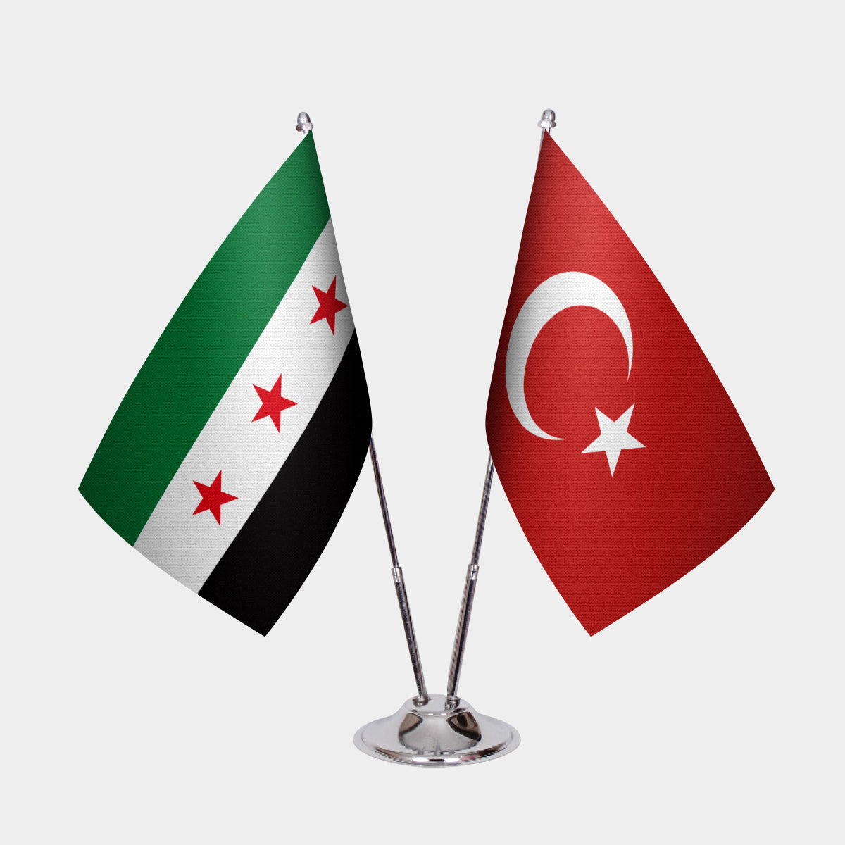 Syria and Turkey desk flag set with chrome pole and base