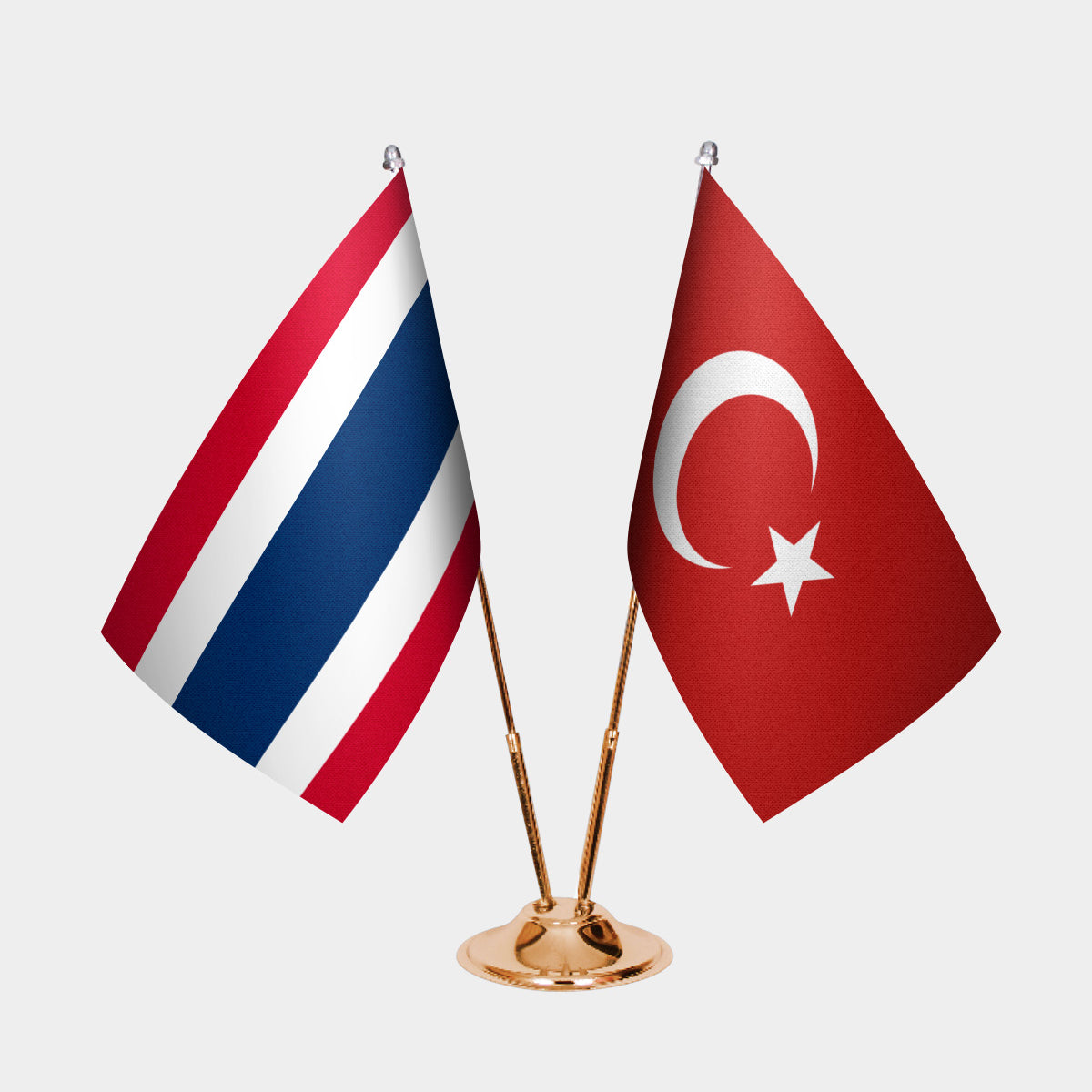Thailand and Turkey desk flag set with gold pole and base