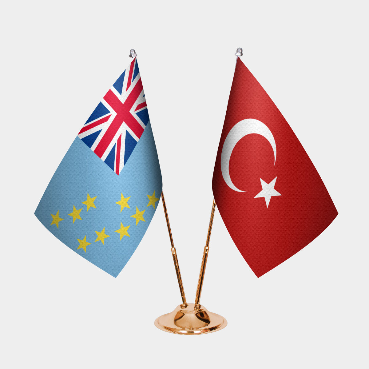 Tuvalu and Turkey desk flag set with gold pole and base