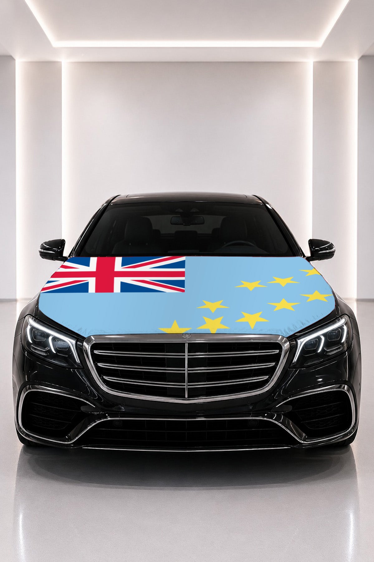 Tuvalu flag car hood cover fitted on a black car bonnet