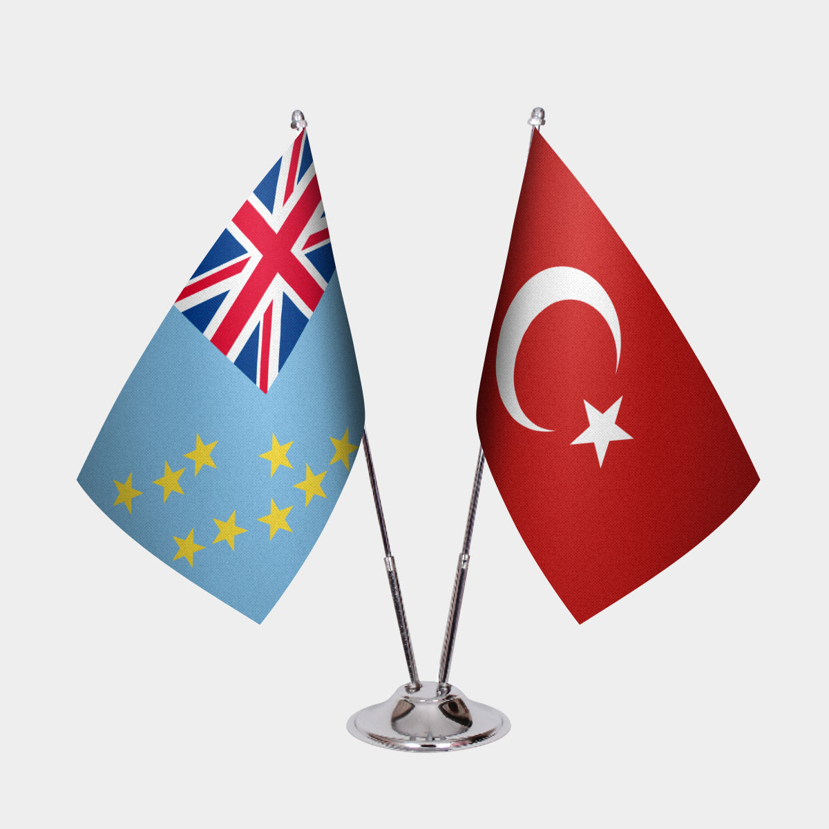 Tuvalu and Turkey desk flag set with chrome pole and base