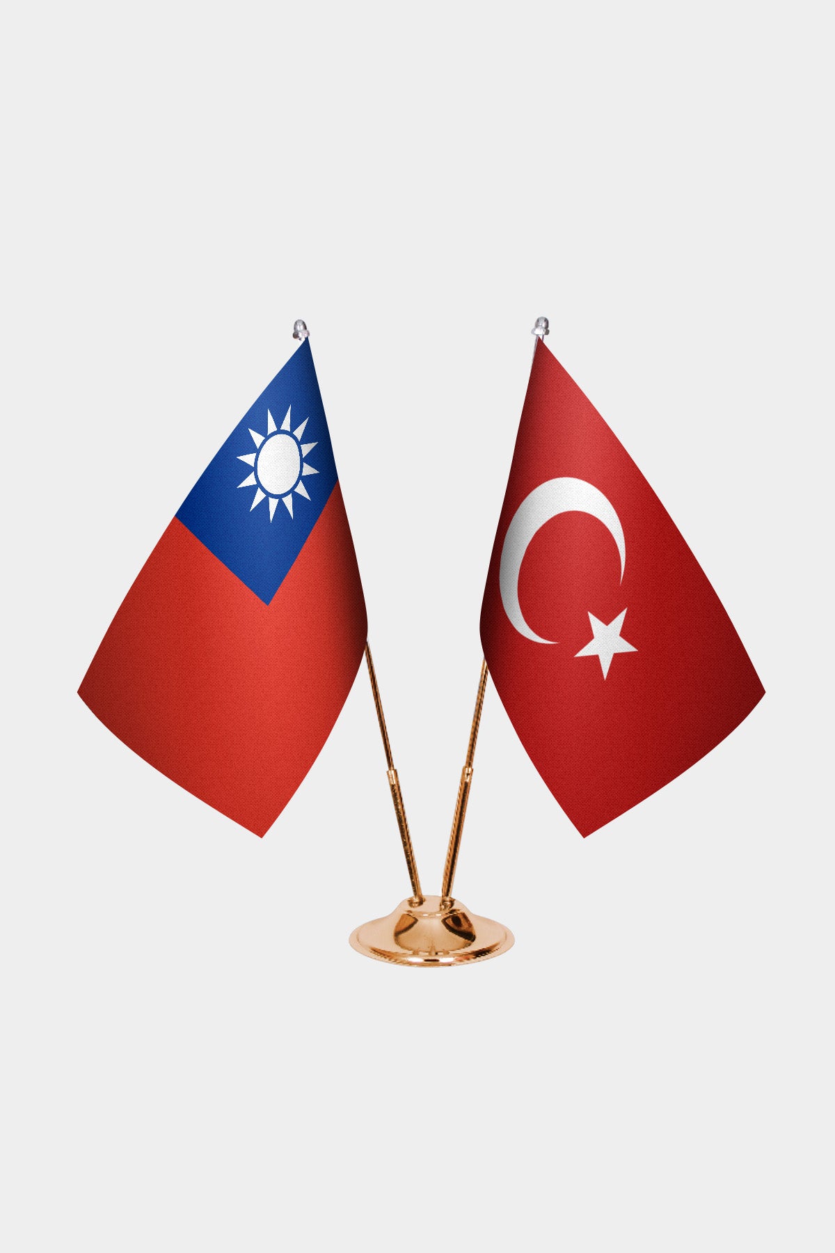 Taiwan and Turkey desk flag set with gold pole and base