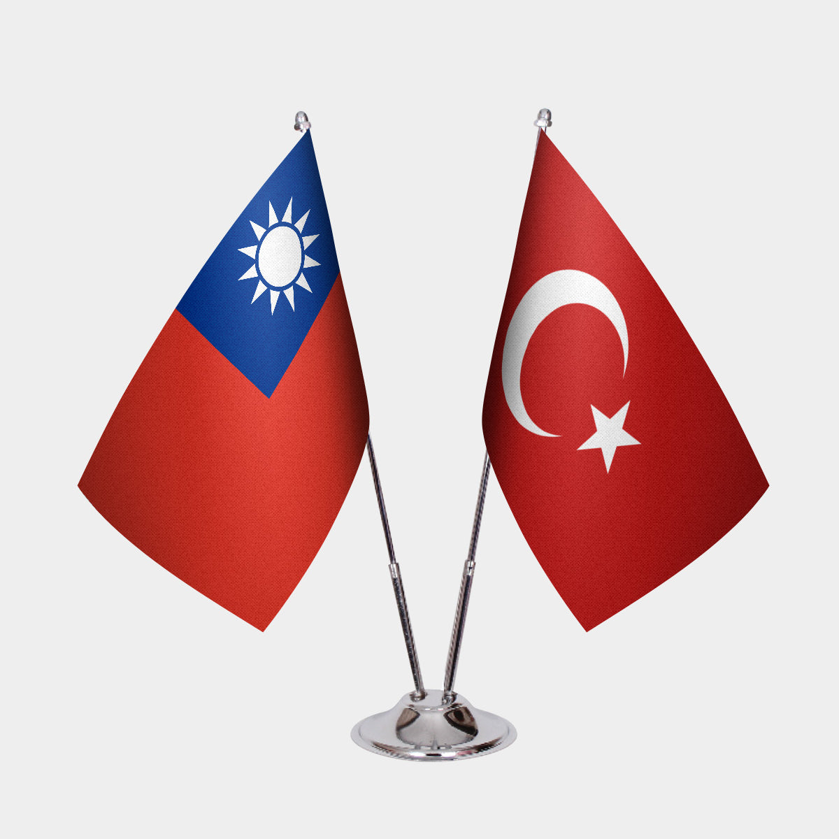 Taiwan and Turkey desk flag set with chrome pole and base