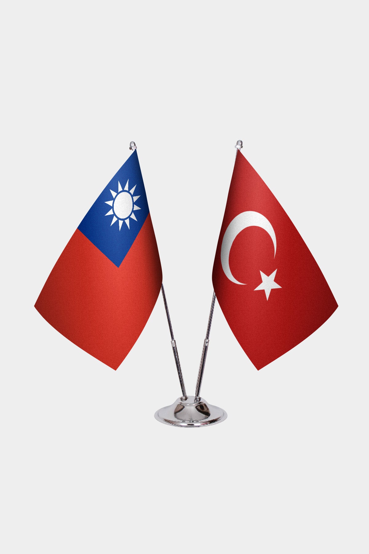 Taiwan and Turkey desk flag set with chrome pole and base
