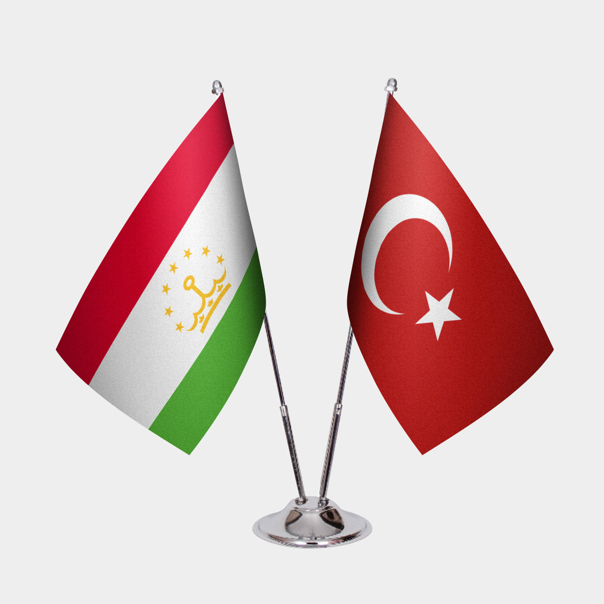 Tajikistan and Turkey desk flag set with chrome pole and base