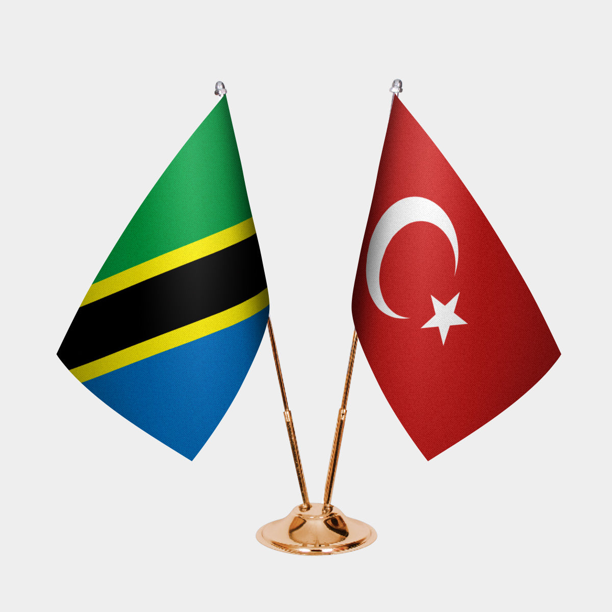 Tanzania and Turkey desk flag set with gold pole and base