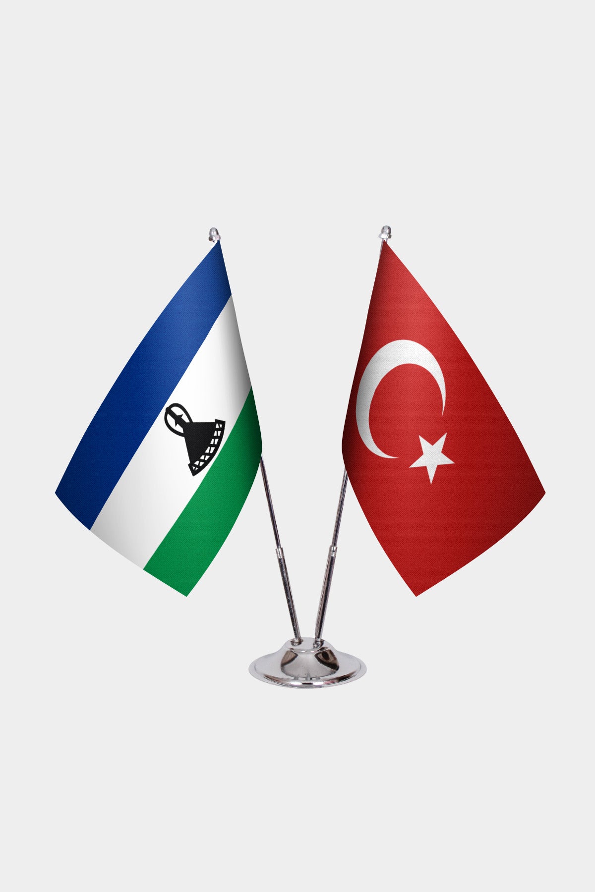 Lesotho and Turkey desk flag set with chrome pole and base