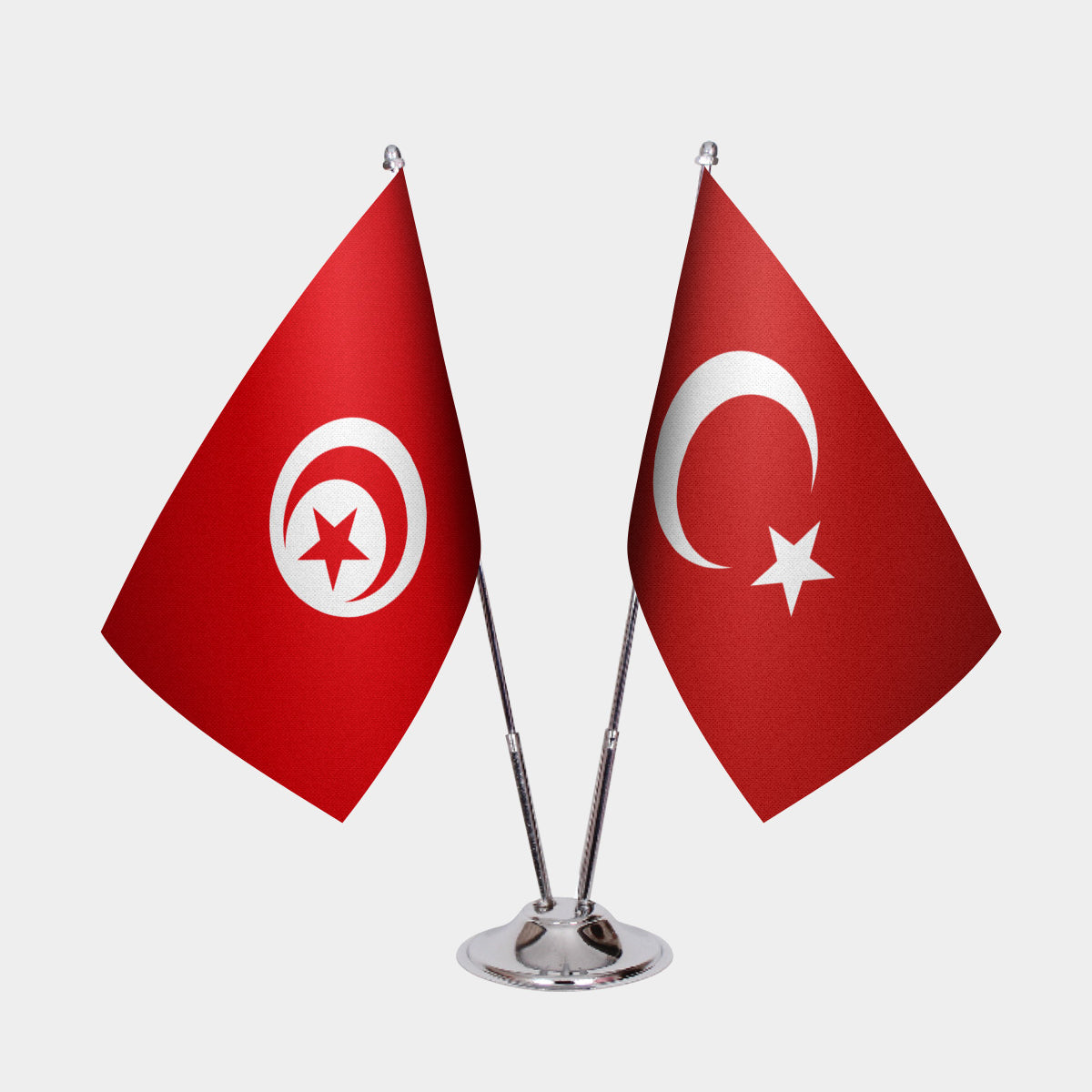 Tunisia and Turkey desk flag set with chrome pole and base