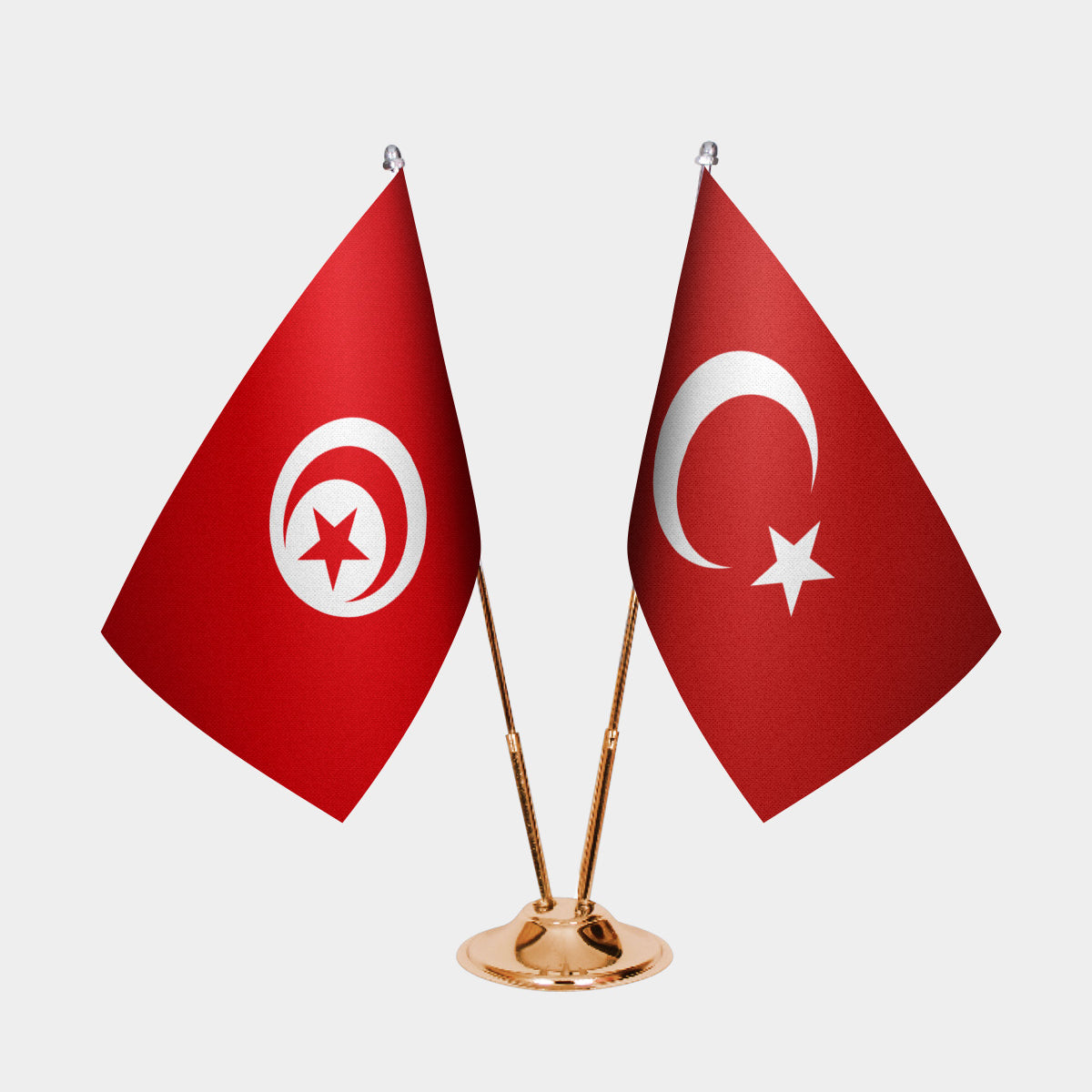 Tunisia and Turkey desk flag set with gold pole and base