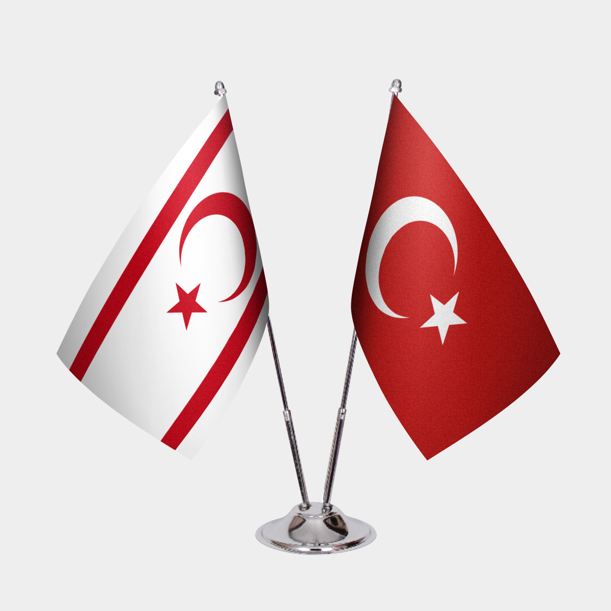 Turkish Republic of Northern Cyprus and Turkey desk flag set with chrome pole and base