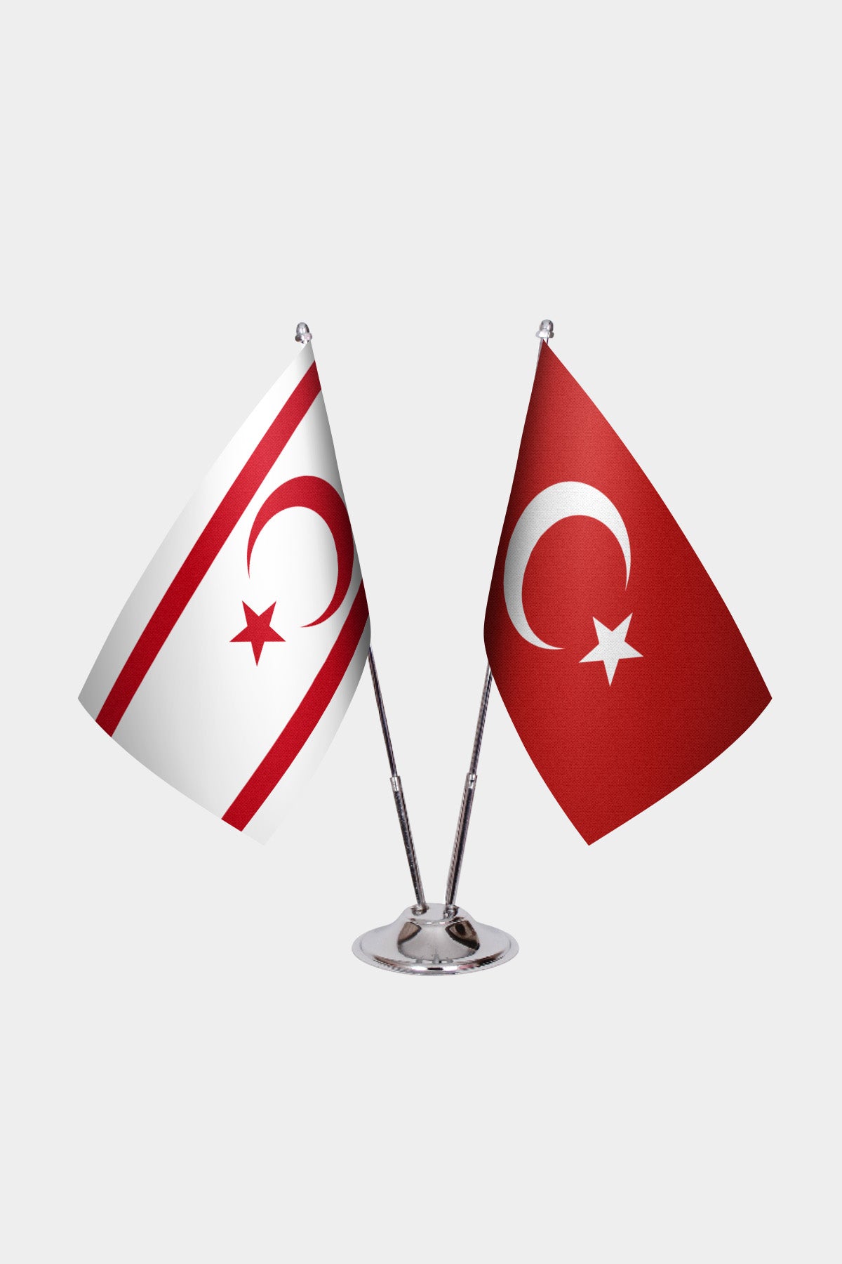 Turkish Republic of Northern Cyprus and Turkey desk flag set with chrome pole and base