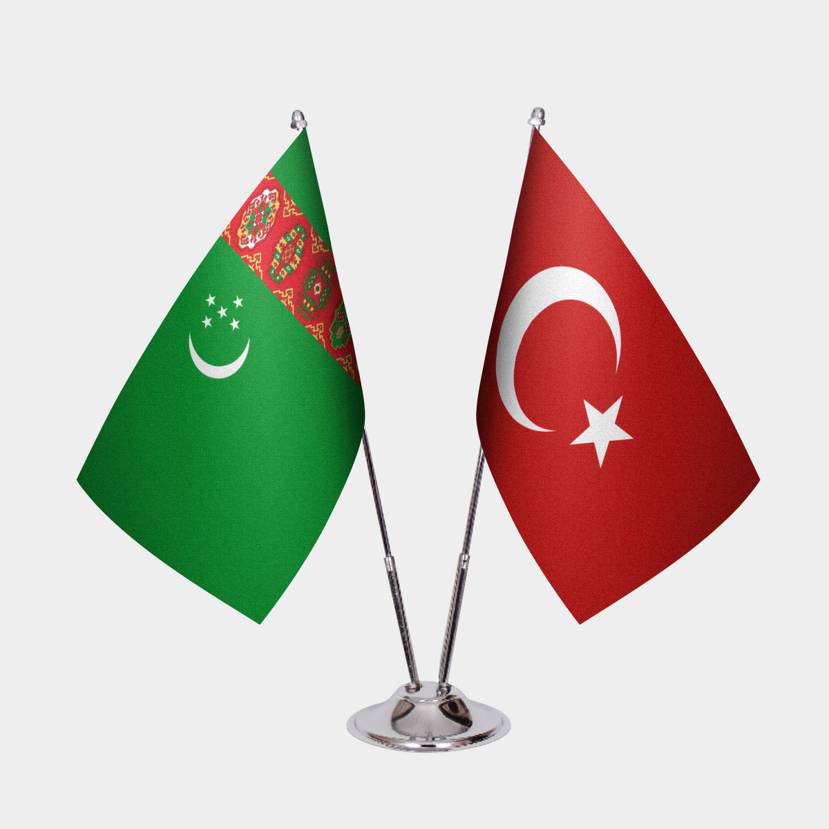 Turkmenistan and Turkey desk flag set with chrome pole and base