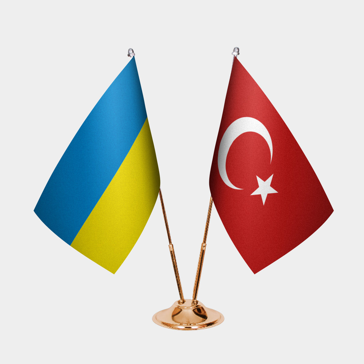 Ukraine and Turkey desk flag set with gold pole and base
