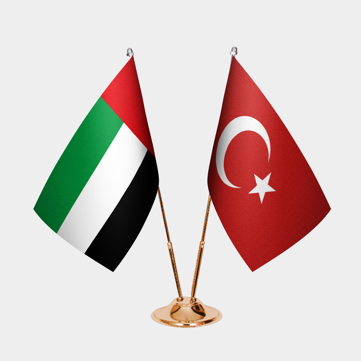 United Arab Emirates and Turkey desk flag set with gold pole and base