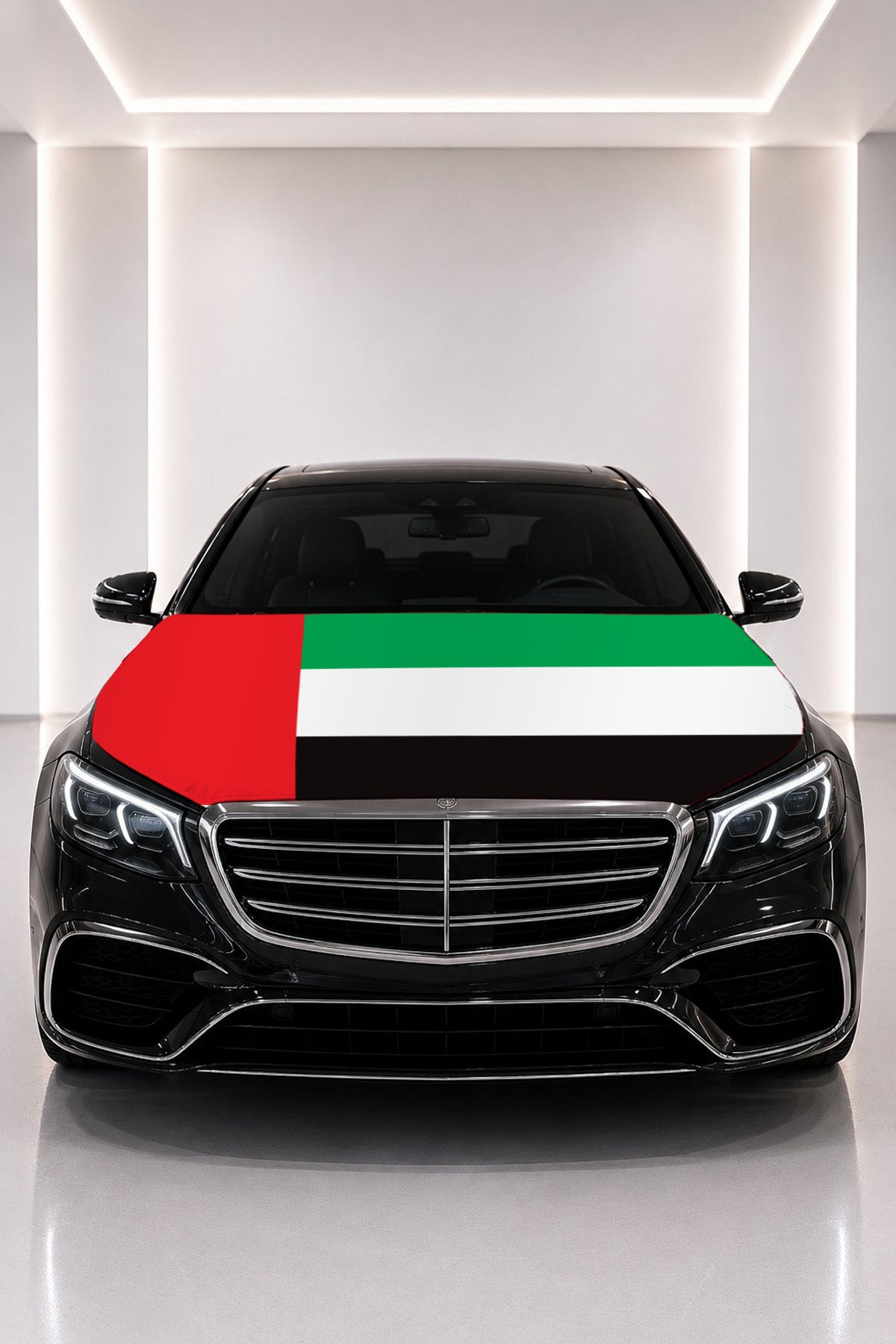 United Arab Emirates flag car hood cover fitted on a black car bonnet