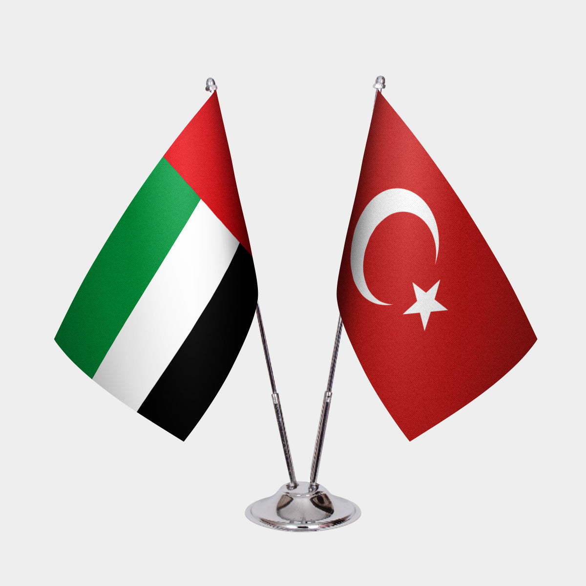 United Arab Emirates and Turkey desk flag set with chrome pole and base