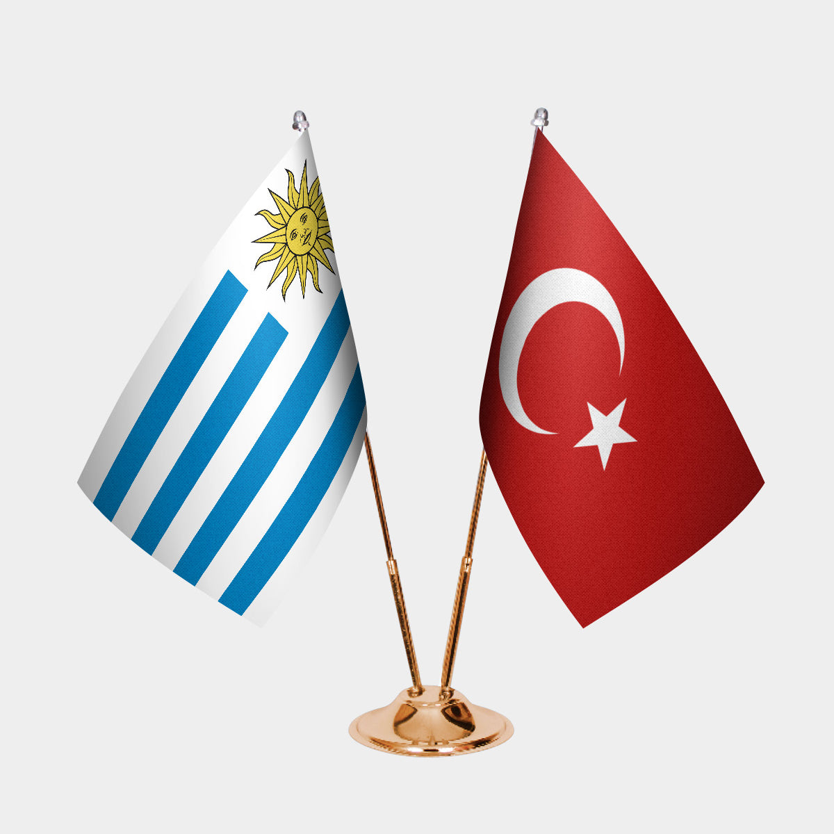 Uruguay and Turkey desk flag set with gold pole and base