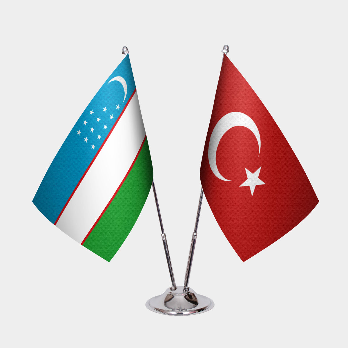 Uzbekistan and Turkey desk flag set with chrome pole and base
