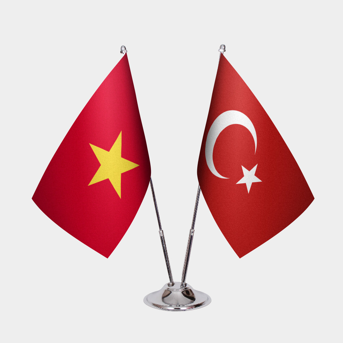 Vietnam and Turkey desk flag set with chrome pole and base