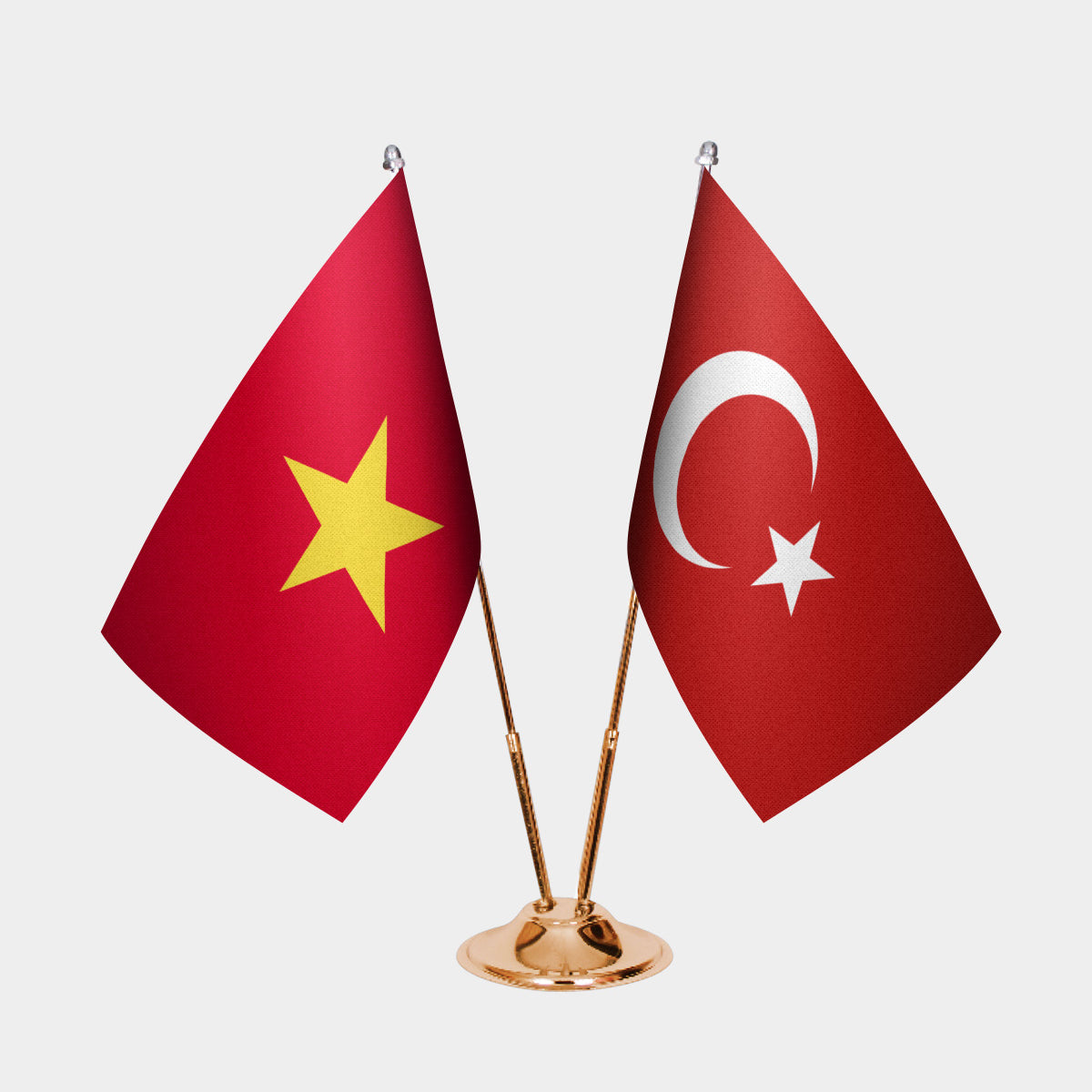 Vietnam and Turkey desk flag set with gold pole and base