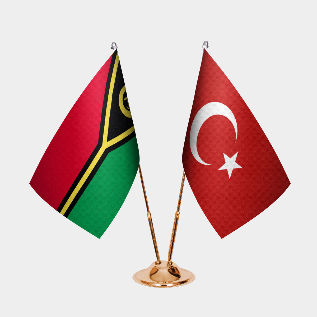 Vanuatu and Turkey desk flag set with gold pole and base